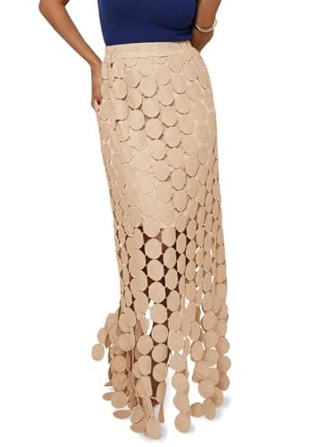 Cicy Bell Womens Hollow Out Maxi Skirts Summer High Waisted Boho Fringe Hem Long Skirt Khaki - Image 1