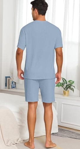 PrinStory Mens Pajamas Set Summer Pjs Sets Lightweight Short Sleeve Pajama Shorts Set Soft Sleepwear Loungewear with Pockets Gray Blue-XL - Thumbnail 5