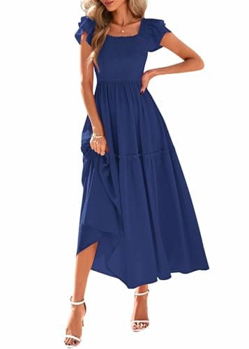 KIRUNDO Smocked Summer Dresses for Women 2026 Wedding Guest Midi Flowy Ruffle Short Sleeve Square Neck Tiered Sundress(Dark Blue, Small)