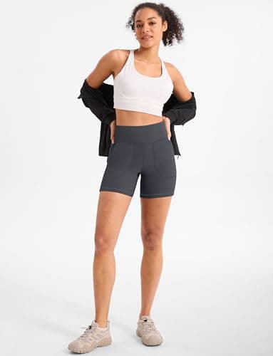 Cyasundent Women's Athletic Shorts with Zipper Pocket 6" High Waisted Bermuda Shorts for Women Workout Walking Running(Dark Grey_S) - Thumbnail 3