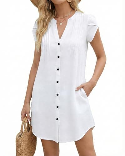 Bsubseach Womens Swimsuit Cover Up Button Down V Neck Beach Cover Ups Petal Short Sleeve Dress with Pockets Black XXL - Image 1