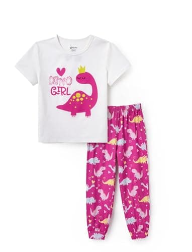 PATPAT Girls Pajama Set Playful Print PJs Soft Short Sleeve Top and Pants Sleep Wear Comfortable 2pcs Nightwear Sets Hot Pink Dinosaur 6 Year