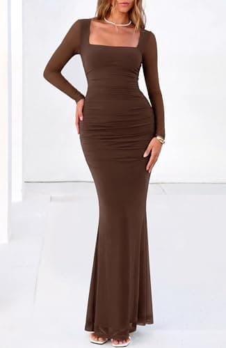 BTFBM Women's Maxi Dresses Fall 2026 Long Sleeve Ruched Bodycon Dress Square Neck Cocktail Party Wedding Guest Dresses(Coffee,Large) - Thumbnail 2