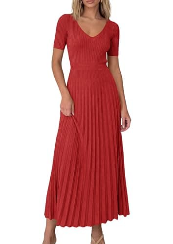PRETTYGARDEN Women's 2026 Spring Midi Sweater Dresses Elegant Pleated Ribbed Knit Short Sleeve V Neck A Line Summer Outfits (Red,X-Large) - Image 1