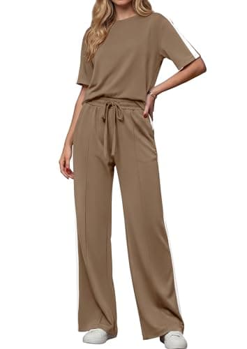 PRETTYGARDEN Women's 2 Piece Sets Summer Casual Sweatsuits Wide Leg Pants Matching Lounge Set Vacation Travel Airport Outfits (Khaki,S) - Image 1