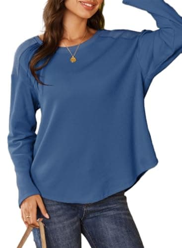 Dokotoo Womens Summer Tops for Women Oversized Waffle Knit Long Sleeve Casual Lightweight Sweatshirt Comfy Spring Fashion Outfits Clothes,X-Large Blue - Image 1