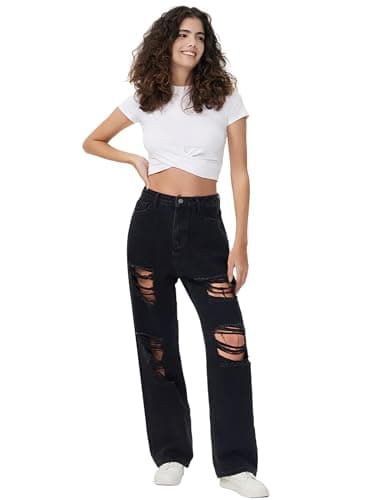 Genleck Women Loose Ripped Boyfriends Jeans High Waist Baggy Denim Pants Distressed Wide Leg Y2K Mom Jeans Black 90s - Thumbnail 2