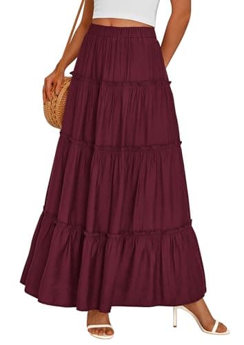 PRETTYGARDEN Boho Maxi Skirts for Women Trendy Summer 2026 Spring Long Flowy A Line Tiered Skirt Beach Vacation Clothes Dress (Burgundy,X-Large) - Image 1
