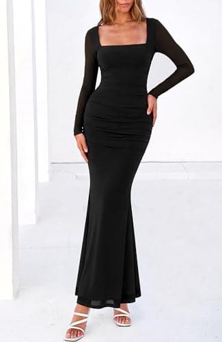 BTFBM Women's Maxi Dresses Fall 2026 Long Sleeve Ruched Bodycon Dress Square Neck Cocktail Party Wedding Guest Dresses(Black,X-Large) - Thumbnail 3