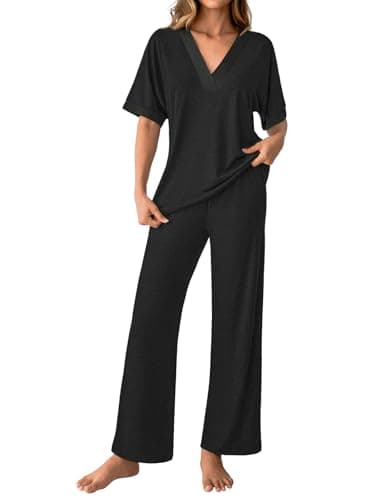 GKBK Womens Two Piece Outfits Pajama Sets 3/4 Dolman Sleeve V Neck Sleepwear Nightwear Loungewear Matching Pjs 2 Piece Lounge Set Lightweight Loose Sweatsuit Fall Fashion Ooutfit Black S - Image 1