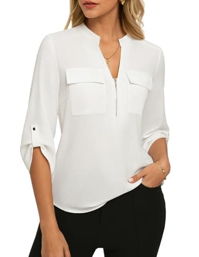 Womens Business Casual Tops,3/4 Sleeve Henley Shirts with Zip Up,Office Work Blouses Lightweight Summer White S - Image 1