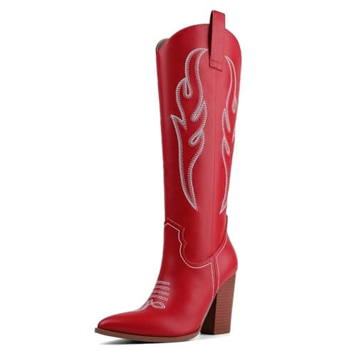 Celbreez Womens Cowboy Boots Red Cowgirl Boots with Embroidered Knee High Cowboy Boot Women Pointed Toe Side Zipper Western Boot Leather Wide Calf Chunky Heel Country Shoes - Image 1