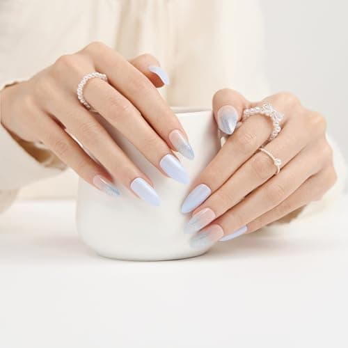 Press On Nails Almond Ombre Blue - Soft Gel Fake Nails With a Shimmery Finish, For Women And Teens, Perfect For Daily Wear, Playdates, And Relaxed Outings, 12 Sizes 24 Nail Kit With Glue - Thumbnail 2