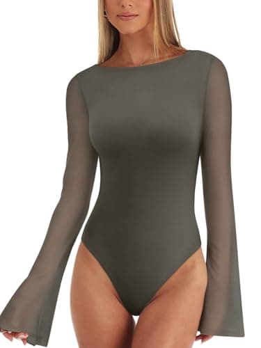 REORIA Women’s Fashion Sexy Boat Neck Classy Bell Sleeve Double Lined Sheer Mesh Cute Night Out Bodysuit Tops For Party Grey Green X-Large - Thumbnail 2