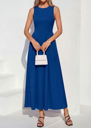 KIRUNDO Wedding Guest Dresses for Women 2026 Summer Semi Formal Work Sleeveless Elegant Boat Neck Flowy A Line Maxi Dress(Bright Blue, Large) - Thumbnail 3