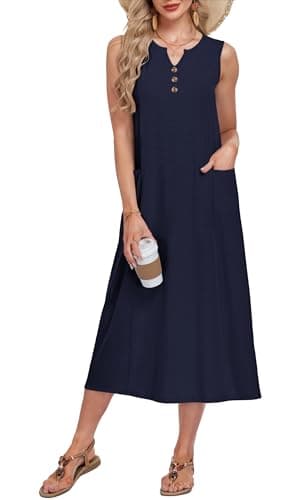 MOLERANI Beach Sundress Sleeveless Button Down Midi Dress with Pockets Summer Dress for Women 2026 Long Casual Vacation, Navy Blue, M - Image 1
