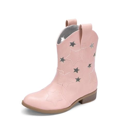 DREAM PAIRS Girls Cowgirl Boots Cowboy Western Mid Calf Star Boots for Kids,Size 2 Little Kid,Pink-Holes,SDBO2405K - Image 1