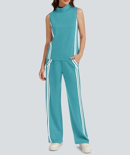 Casly Lamiit Lounge Sets for Women 2 Piece Casual Travel Outfits Matching Active Airport Sweatsuit Mock Neck Tops Wide Leg Track Pants Viridian Green XS - Thumbnail 3