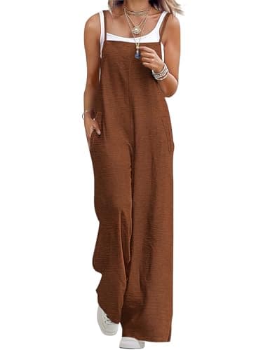 BOHOWE Fashion Outfit 2026 Womens Plus Size Jumpsuits Loose Casual Wide Leg One Piece Sleeveless Maternity Overalls Adjustable Straps Long Pant Rompers with Pockets M HPZ Coffee - Image 1
