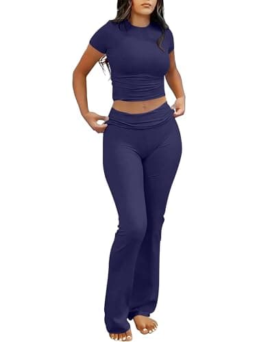 ANRABESS Lounge Sets for Women 2 Piece Foldover Yoga Flare Leggings Pants Crop Tops Casual Y2K Outfits Matching Tracksuit Set Navy Blue Medium - Image 1