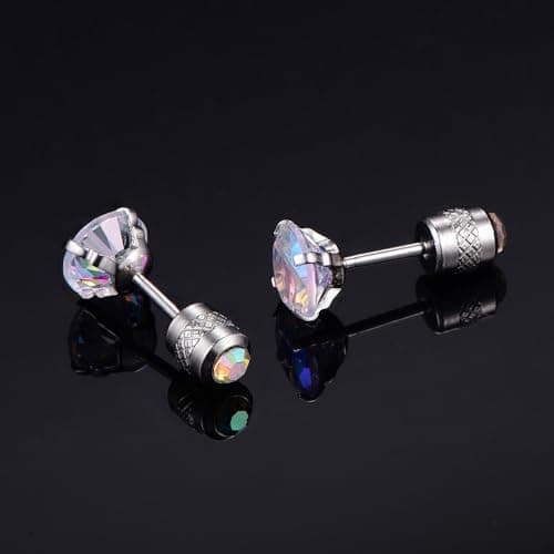 Titanium Screw Back Earrings Surgical Stainless Steel Aurora Borealis Cubic Zirconia Rainbow Fake Diamond Flat Back Stud 316L Hypoallergenic for Sensitive Ear for Women Men Teen CZ Twist Piercing Post - Thumbnail 2