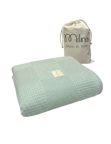 Milna Baby 100% Cotton Waffle Blanket for Boys & Girls, 100x120 cm Breathable Muslin Baby Blanket for Crib, Stroller & Swaddle, Soft Lightweight Toddler Receiving Blanket, (Mint)