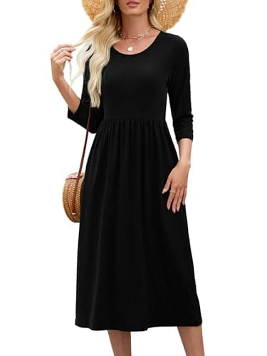 Heymoments Ladies Dresses Black Large Wedding Guest Crewneck 3/4 Sleeves A line Casual Flowy Swing Cocktail Slimming Birthday Party Spring Fall Winter Travel Long Midi Dresses with Pocket - Image 1