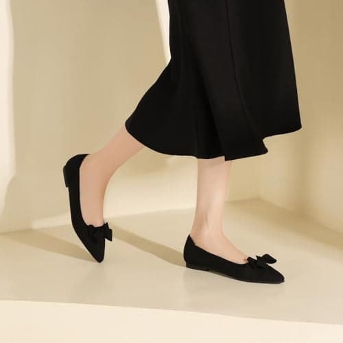 AHZEHRSE Women's Flats Shoes Ballet Flats Shoes for Women Dressy Work Slip On Comfortable Flats Classic Knit Pointed Toe Flats with Bow Black - Thumbnail 3