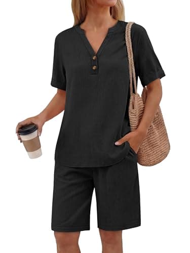 ANRABESS Women 2 Piece Linen Lounge Sets Summer Casual Henley Shirts Short Pajama Set Beach Vacation Clothes Airport Outfits Black Small - Image 1