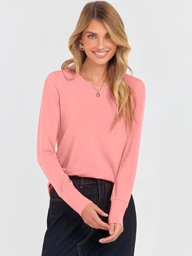 ANRABESS Long Sleeve Shirts for Women Crewneck Basic Tee Striped Tops 2026 Fall Casual Loose Fit T Shirts Fashion Outfits Coral Small - Thumbnail 5