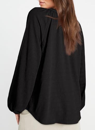 Dokotoo Long Sleeve Shirts for Women 2026 Spring Fashion V Neck Casual Blouses Dressy Ladies Textured Shirts Black Teacher Outfits Blouses Oversized Black Button Down Shirts Large - Thumbnail 5