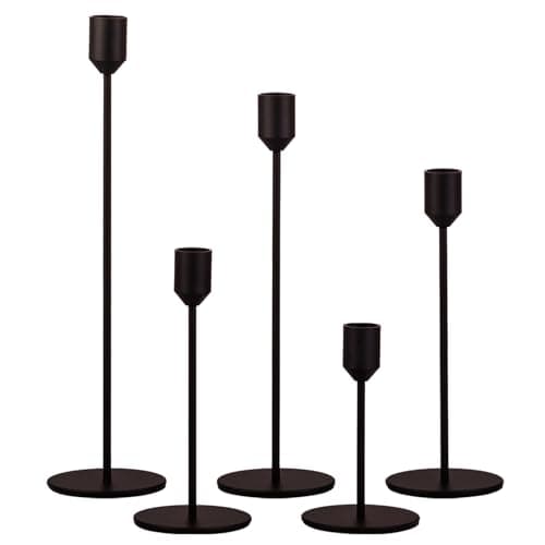 Set of 5 Taper Candlestick Holders, Matte Black Metal Candle Stick Candle Holder, Mid-Century Skinny Candle Holders for Table Centerpiece, Mantel, Dining, Gift Decor