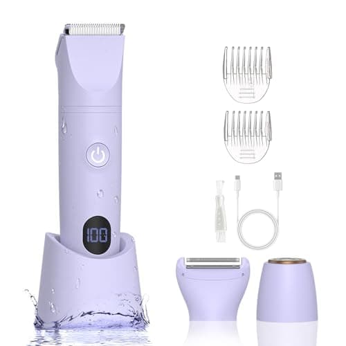 3-in-1 Bikini Trimmer for Women, IPX7 Waterproof Electric Shaver for Women-Rechargeable Electric Razors for Pubic, Facial & Body Hair Trimmer with LED Display, Travel Kit & Painless Blades (Purple) - Image 1