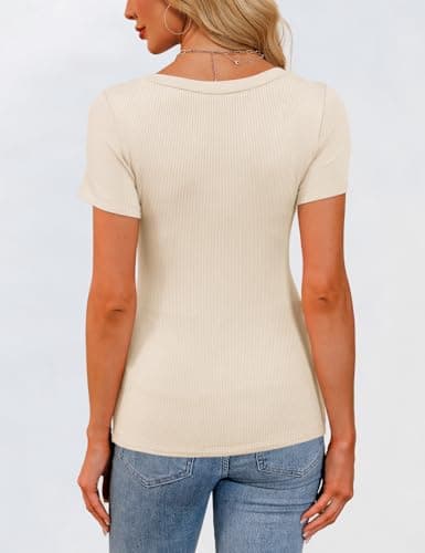 GKBK Womens Short Sleeve Tops Scoop Neck Ribbed Slim Fitted Tight Layering Top Basic Tee Shirts Cute Summer Tops Casual Spring Outfits 2026 Trendy Beige - Thumbnail 5
