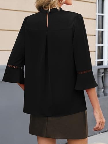 Funlingo Womens 3/4 Sleeve Tops Business Casual Tunic Blouses Dressy Mock Neck 2026 Spring Black Shirt Office Work Lace Clothes 2XL - Thumbnail 4