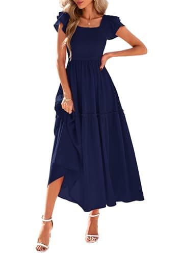 KIRUNDO Smocked Summer Dresses for Women 2026 Wedding Guest Midi Flowy Ruffle Short Sleeve Square Neck Tiered Sundress(Navy Blue, Medium) - Image 1