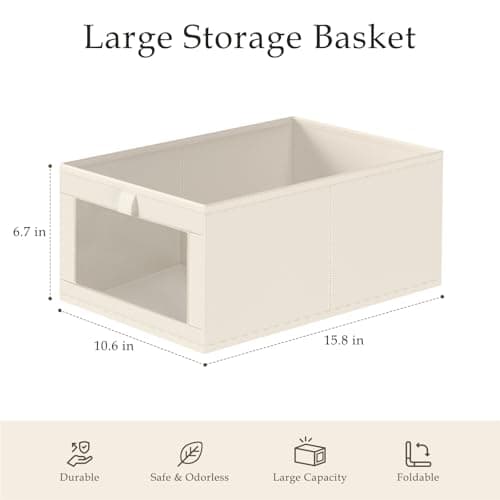 Criusia Closet Organizers and Storage, 4 Pack Linen Closet Baskets with Mesh Window for Organization, Foldable Closet Organizer for Clothing, Towels, Toys, Nursery, Books, Shelves, Beige - Thumbnail 3