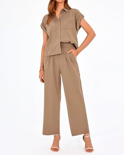 PRETTYGARDEN Womens 2 Piece sets Summer Cap Sleeve Tops Palazzo Pants Dressy Casual Vacation Travel Outfits Tracksuits(Dark Khaki,XX-Large) - Thumbnail 3