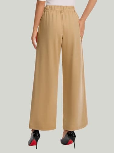 Amzdora Women’s Casual Wide Leg Pants High Waisted Stretch Pull On Palazzo Trousers Loose Flowy Lounge Pants with Pockets Khaki - Thumbnail 2