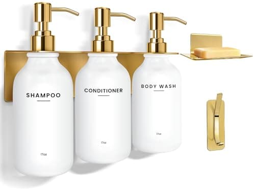 KLL Shampoo and Conditioner Dispenser Set - Wall Mounted Shower Soap Dispenser - 17oz No-Drill Refillable Plastic Pump Bottles for Bathroom - Includes Soap Dish & Hook (Gold) - Image 1