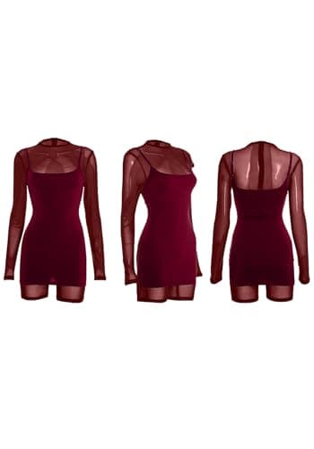 LKOUS Women's Sheer Mesh Bodycon Mock Neck Long Sleeve Mini Club Dress Red - Thumbnail 5