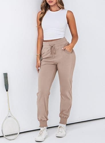 Dokotoo Womens Joggers Elasticity Workout Pant High Waisted Drawstring Dress Lounge Sweatpants Casual Athletic Spring Summer Outfits Trendy Women Pant with Side Pocket Fashion 2025 Khaki Medium - Thumbnail 3