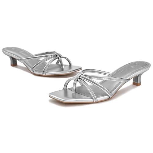 Athlefit Silver Heels for Women Square Toe Strappy Kitten Heel Thong Sandals Slip On Dress Flip Flop Low Heels for Prom Size 6.5 - Thumbnail 6