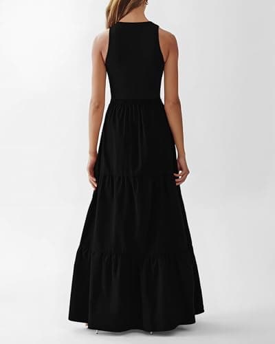 BTFBM Women Sleeveless Summer Dresses Wedding Guest Maxi Dresses Ribbed Knit Tops and Polyester Skirt with Pockets(Solid Black,Medium) - Thumbnail 3
