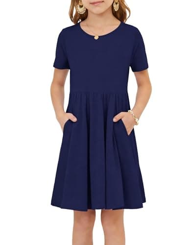 Girls Crew Neck Summer Dress Kids Short Sleeve Pleated Swing Knee Length Casual Lightweight Dress with Pockets 5-14 Years Navy Blue S - Image 1