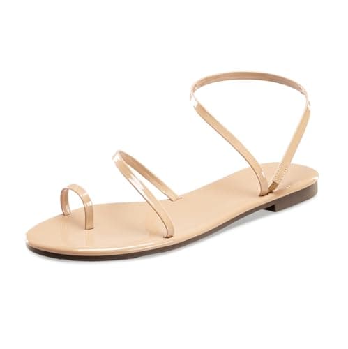 StillFancxy Strappy Sandals for Women Dressy Greek Sandals Flat Sandals for Women Comfortable Beach Sandals Casual Slip-On Shoes Nude Patent - Image 1