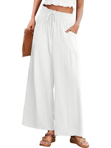JUYUEO Women Linen Pants Wide Leg High Waisted Casual Summer Beach Palazzo Pants with Pockets White M - Image 1