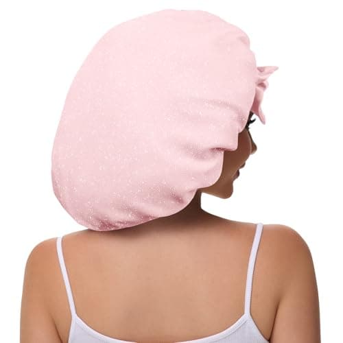Vettres Satin Hair Bonnet for Sleeping Double Layer Bonnet with Tie Band Glittering Mesh Sleep Cap for Curly Natural Hair Pink - Thumbnail 3