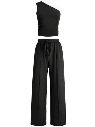 Casly Lamiit 2 Piece Outfits for Women Summer Casual Lounge Sets Sexy Off Shoulder Tops Wide Leg Pant Set Travel Vacation Clothing Black XL - Image 1