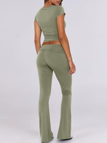 ANRABESS Lounge Sets for Women 2 Piece Foldover Yoga Flare Leggings Pants Crop Tops Casual Y2K Outfits Matching Tracksuit Set Olive Medium - Thumbnail 4